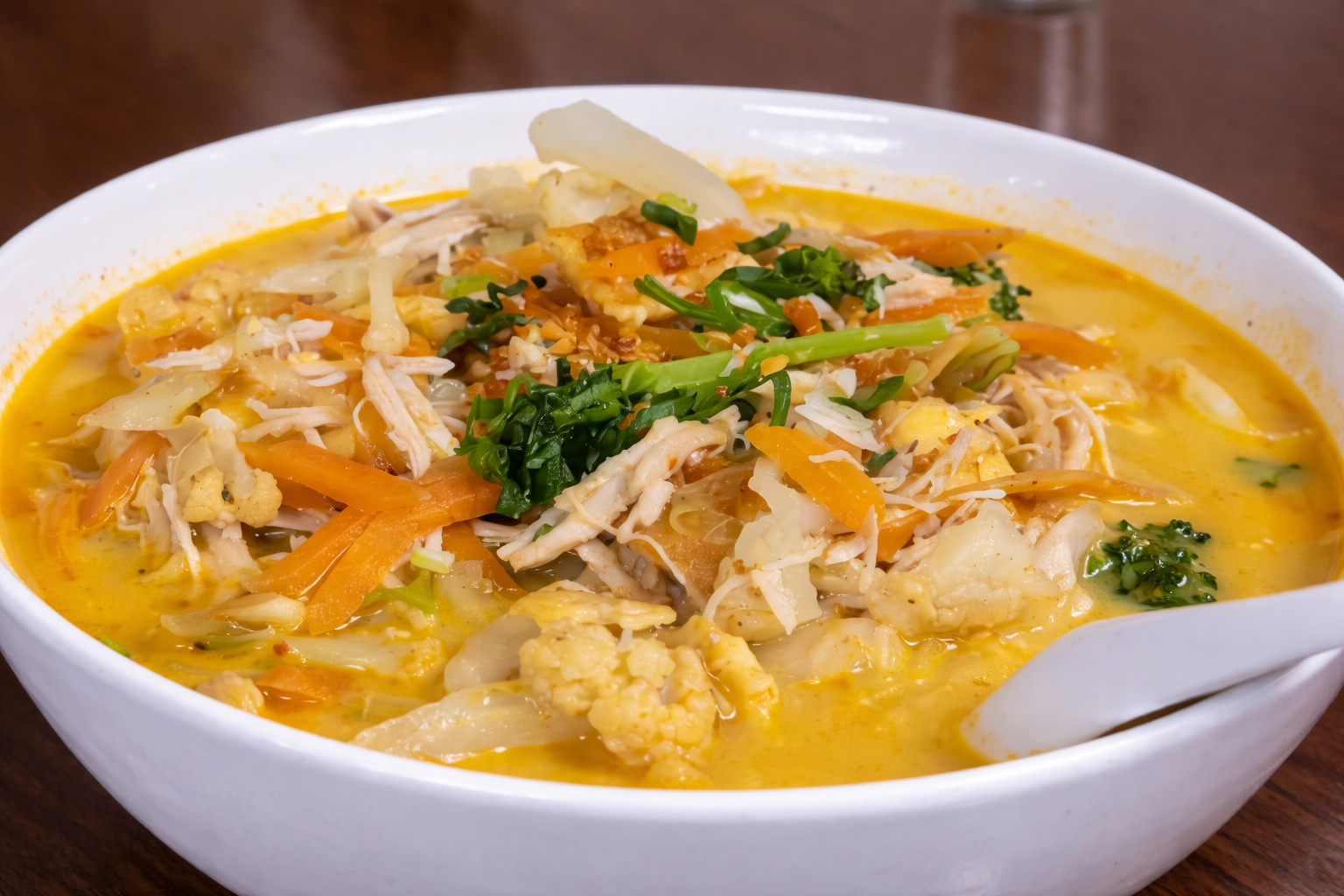 Laksa curry with rice noodles and coconut broth at Dunedin Noodle House