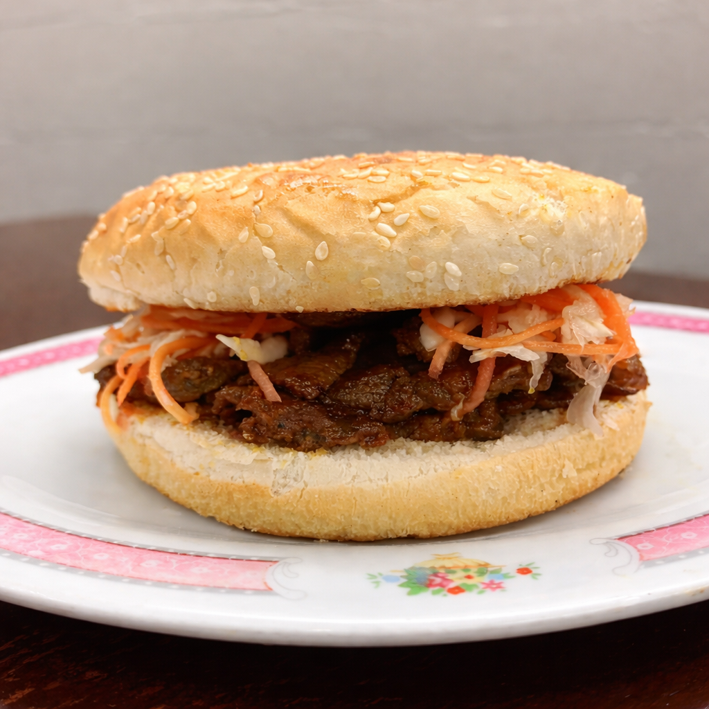 Meurs satay burger with peanut satay sauce on a sesame bun in Dunedin